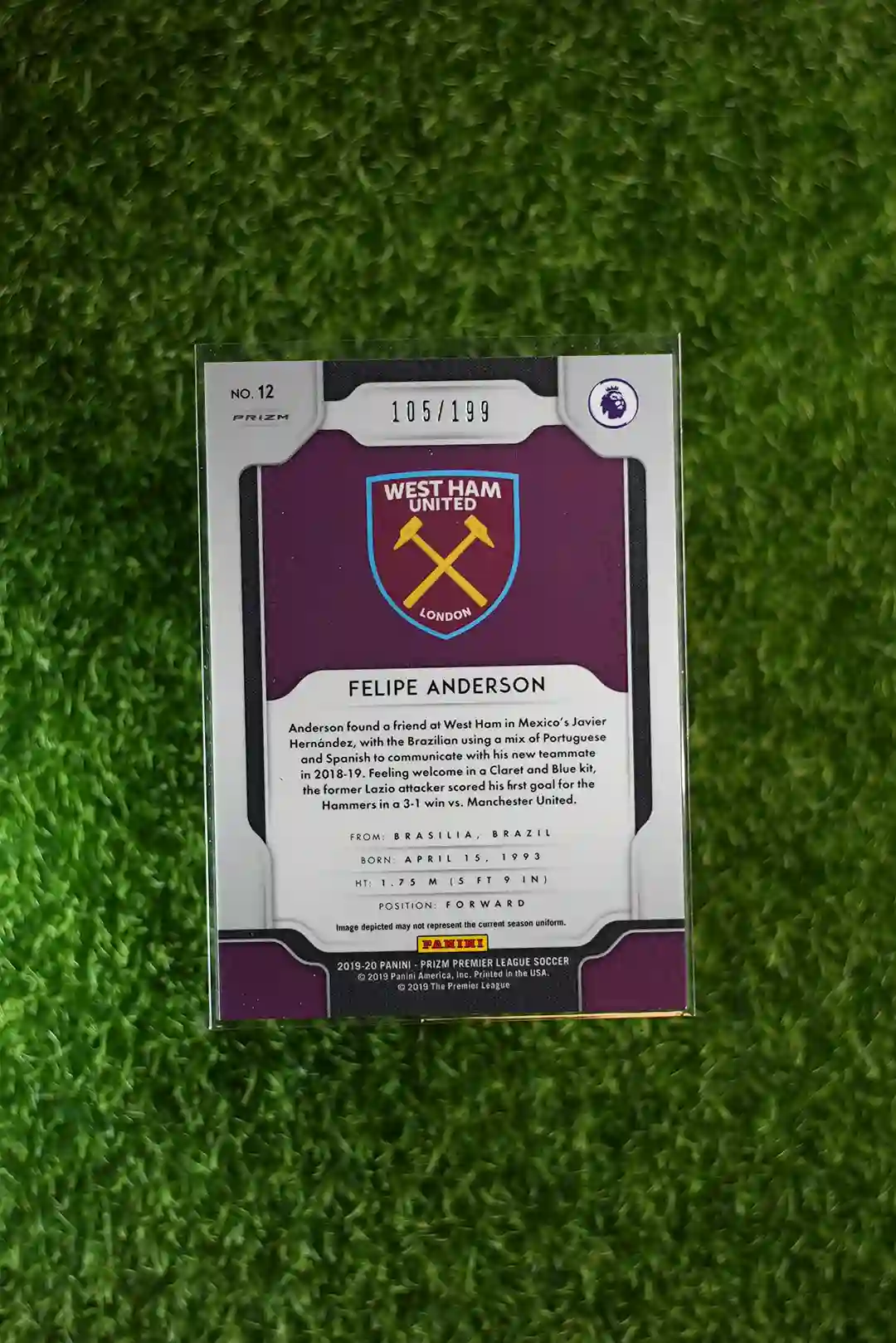 2019-20 Panini Prizm Premier League Soccer Felipe Anderson Blue Prizm 105/199 - Image 2