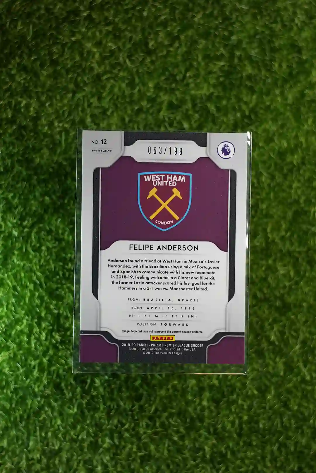 2019-20 Panini Prizm Premier League Soccer Felipe Anderson Blue Prizm 063/199 - Image 2